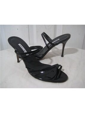 Manolo Blahnik Black Patent Strappy High-Heel Mules